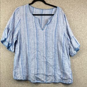 Linen blouse womens L/XL nautical stripe bell sleeve lightweight coastal boho